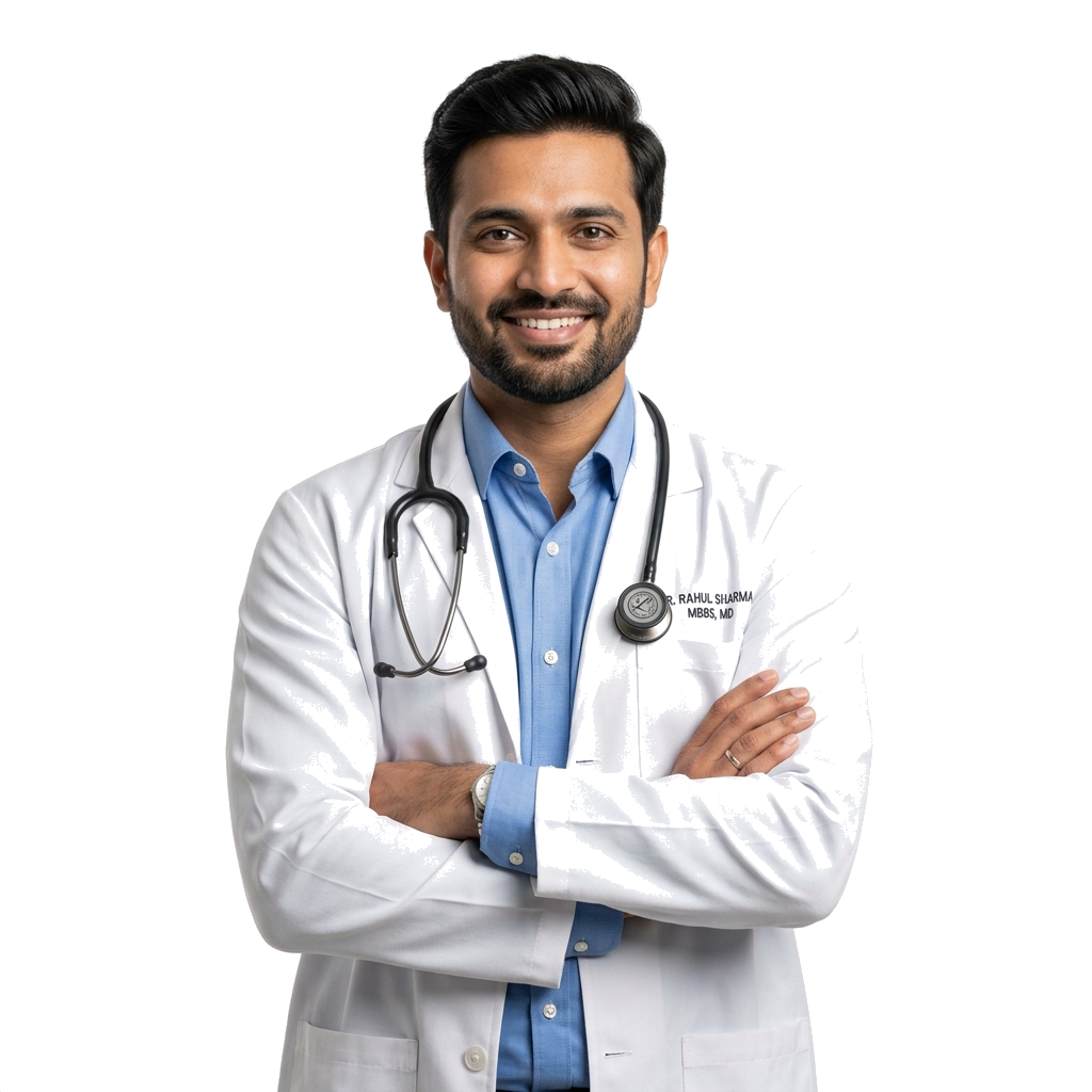 Reassuring smiling Indian male doctor standing confidently with folded arms at Mahesh Care Plus Hospital