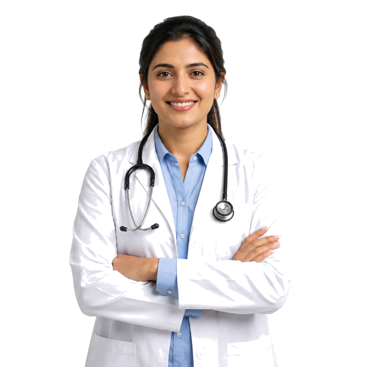 Reassuring smiling Indian female doctor standing confidently with folded arms at Mahesh Care Plus Hospital