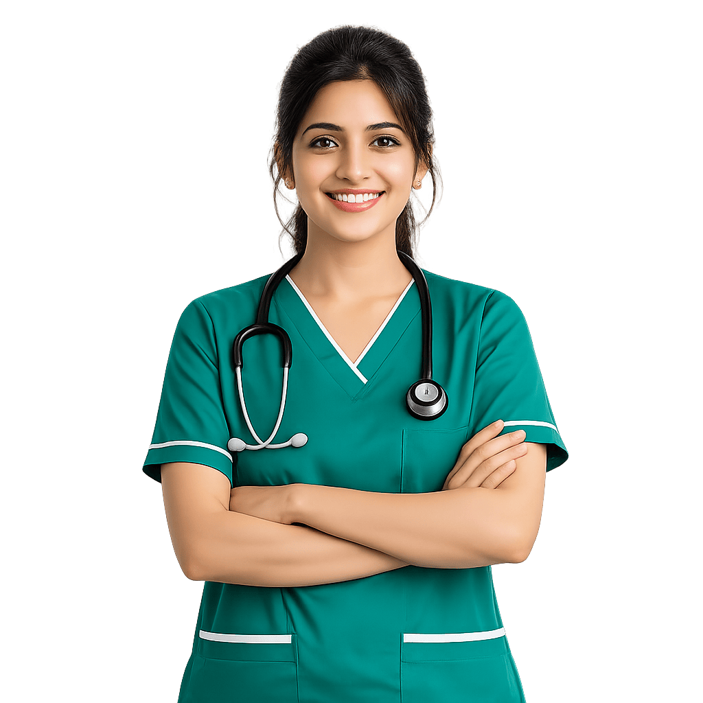 Friendly smiling Indian female nurse in green uniform standing at Mahesh Care Plus Hospital